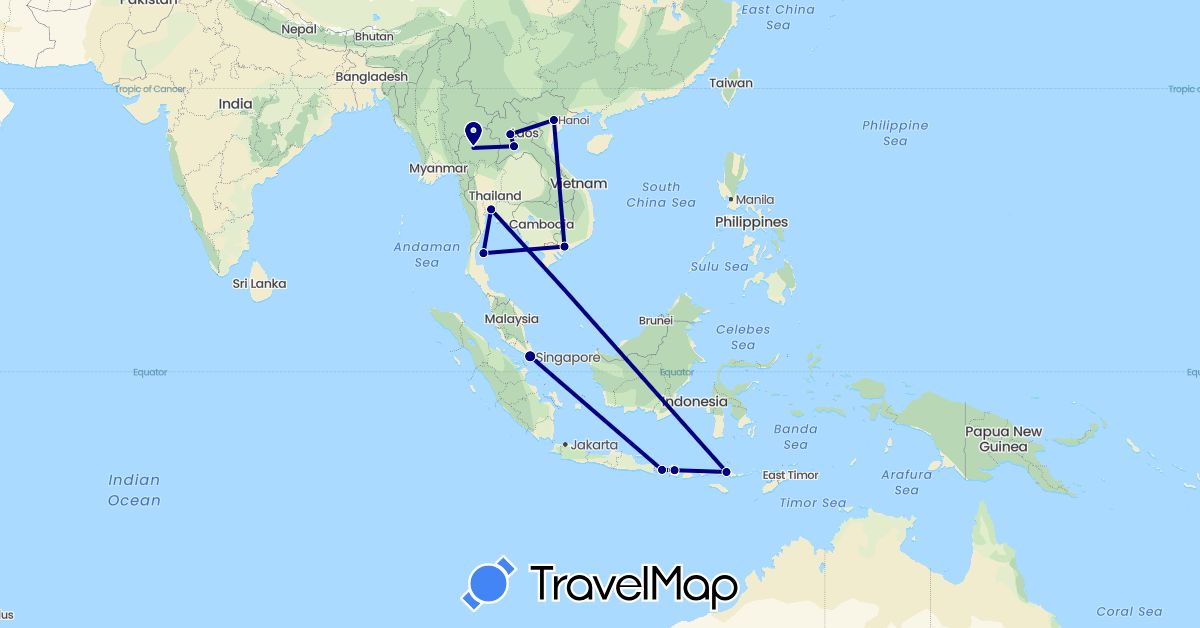 TravelMap itinerary: driving in Indonesia, Laos, Singapore, Thailand, Vietnam (Asia)